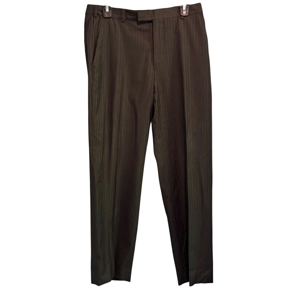 Z Zegna Mens Brown Pinstripe 100% Wool Dress Flat Front Trousers EU 48R US 32